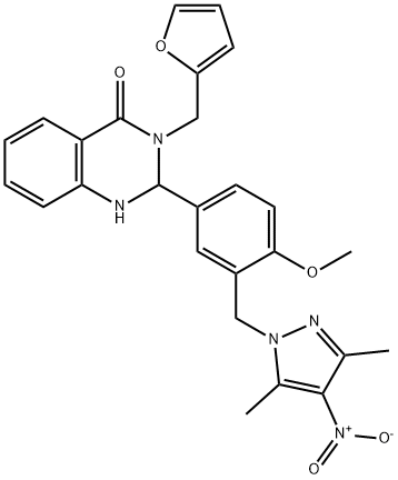 3-(furan-2-ylmethyl)-2-[3-({4-nitro-3,5-dimethyl-1H-pyrazol-1-yl}methyl)-4-(methyloxy)phenyl]-2,3-dihydroquinazolin-4(1H)-one 结构式