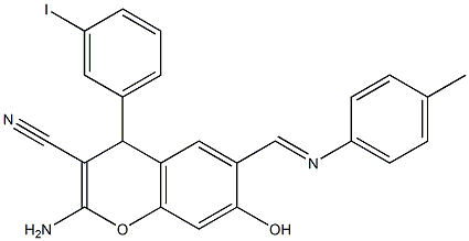 2-amino-7-hydroxy-4-(3-iodophenyl)-6-{[(4-methylphenyl)imino]methyl}-4H-chromene-3-carbonitrile Structure