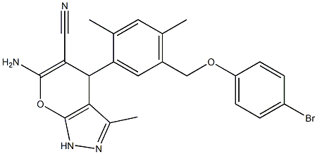 6-amino-4-{5-[(4-bromophenoxy)methyl]-2,4-dimethylphenyl}-3-methyl-1,4-dihydropyrano[2,3-c]pyrazole-5-carbonitrile 结构式