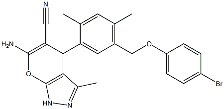 6-amino-4-{5-[(4-bromophenoxy)methyl]-2,4-dimethylphenyl}-3-methyl-1,4-dihydropyrano[2,3-c]pyrazole-5-carbonitrile Structure