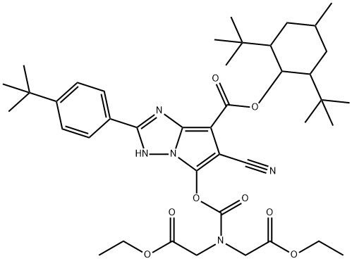 1H-pyrrolo[1,2-b][1,2,4]triazole-7-carboxylic acid, 5-[[[bis(2-ethoxy-2-oxoethyl)amino]carbonyl]oxy]-6-cyano-2-[4-(1,1-dimethylethyl)phenyl]-2,6-bis(1,1-dimethylethyl)-4-methylcyclohexyl ester Struktur