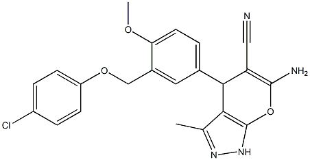6-amino-4-{3-[(4-chlorophenoxy)methyl]-4-methoxyphenyl}-3-methyl-1,4-dihydropyrano[2,3-c]pyrazole-5-carbonitrile,445035-20-1,结构式