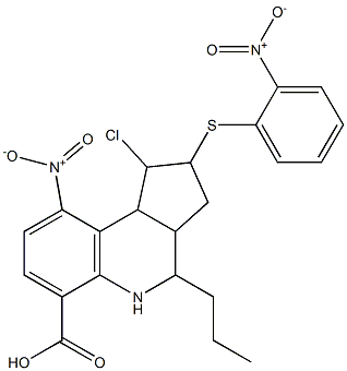 1-chloro-9-nitro-2-({2-nitrophenyl}sulfanyl)-4-propyl-2,3,3a,4,5,9b-hexahydro-1H-cyclopenta[c]quinoline-6-carboxylic acid Structure