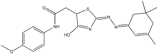 2-{4-hydroxy-2-[(3,5,5-trimethyl-2-cyclohexen-1-ylidene)hydrazono]-2,5-dihydro-1,3-thiazol-5-yl}-N-(4-methoxyphenyl)acetamide 化学構造式