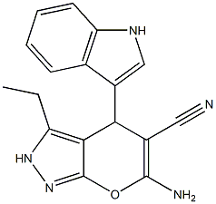 6-amino-3-ethyl-4-(1H-indol-3-yl)-2,4-dihydropyrano[2,3-c]pyrazole-5-carbonitrile Structure