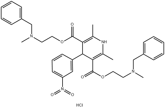 Bis{2-[benzyl(methyl)amino]ethyl} 2,6-dimethyl-4-(3-nitrophenyl)-1,4-dihydropyridine-3,5-dicarboxylate dihydrochloride 化学構造式