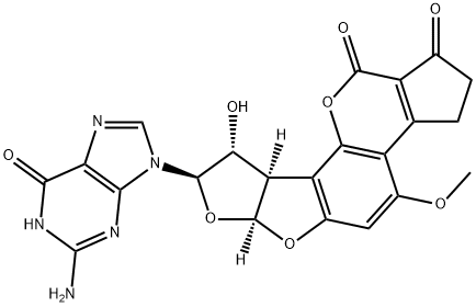 Cyclopenta[c]furo[3',2':4,5]furo[2,3-h][1]benzopyran-1,11-dione, 8-(2-amino-1,6-dihydro-6-oxo-9H-purin-9-yl)-2,3,6a,8,9,9a-hexahydro-9-hydroxy-4-methoxy-, (6aS,8R,9R,9aR)- 化学構造式