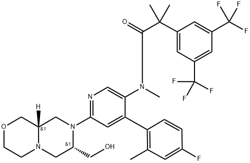 N-{6-[(7S,9aS)-7-(hydroxymethyl)-octahydropyrazino[2,1-c][1,4]oxazin-8-yl]-4-(4-fluoro-2-methylphenyl)pyridin-3-yl}-2-[3,5-bis(trifluoromethyl)phenyl]-N,2-dimethylpropanamide 结构式