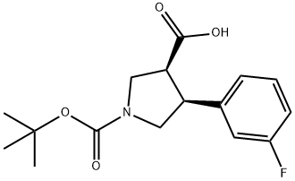 (3S,4S)-4-(3-fluorophenyl)-1-[(2-methylpropan-2-yl)oxycarbonyl]pyrrolidine-3-carboxylic acid 化学構造式