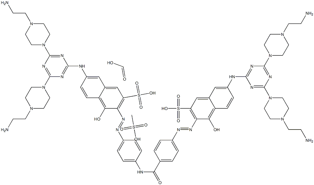 2-Naphthalenesulfonicacid,7-[[4,6-bis[4-(2-aminoethyl)-1-piperazinyl]-1,3,5-triazin-2-yl]amino]-3-[[4-[[4-[[6-[[4,6-bis[4-(2-aminoethyl)-1-piperazinyl]-1,3,5-triazin-2-yl]amino]-1-hydroxy-3-sulfo-2-naphthalenyl]azo]benzoyl]amino]phenyl]azo]-4-hydroxy-,formate(salt)methanesulfonate(salt) Struktur