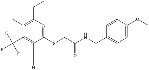 2-{[3-cyano-6-ethyl-5-methyl-4-(trifluoromethyl)-2-pyridinyl]sulfanyl}-N-(4-methoxybenzyl)acetamide Struktur