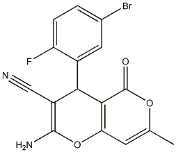 2-amino-4-(5-bromo-2-fluorophenyl)-7-methyl-5-oxo-4H,5H-pyrano[4,3-b]pyran-3-carbonitrile,,结构式