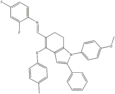 N-(2,4-difluorophenyl)-N-((E)-{1-(4-methoxyphenyl)-4-[(4-methylphenyl)sulfanyl]-2-phenyl-6,7-dihydro-1H-indol-5-yl}methylidene)amine 化学構造式