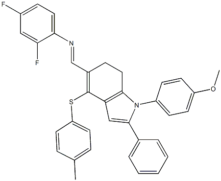 N-(2,4-difluorophenyl)-N-((E)-{1-(4-methoxyphenyl)-4-[(4-methylphenyl)sulfanyl]-2-phenyl-6,7-dihydro-1H-indol-5-yl}methylidene)amine Struktur