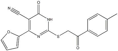 4-(2-furyl)-2-{[2-(4-methylphenyl)-2-oxoethyl]sulfanyl}-6-oxo-1,6-dihydro-5-pyrimidinecarbonitrile 化学構造式