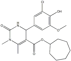 cycloheptyl 4-(3-chloro-4-hydroxy-5-methoxyphenyl)-1,6-dimethyl-2-oxo-1,2,3,4-tetrahydro-5-pyrimidinecarboxylate 化学構造式