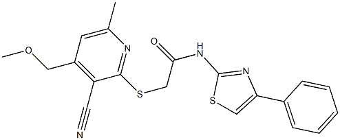 2-{[3-cyano-4-(methoxymethyl)-6-methyl-2-pyridinyl]thio}-N-(4-phenyl-1,3-thiazol-2-yl)acetamide,,结构式