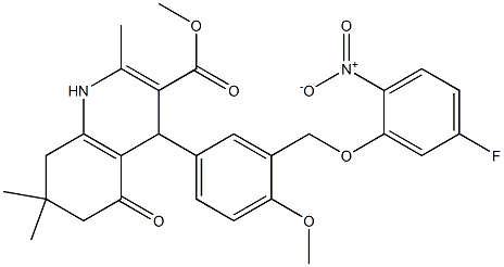 methyl 4-[3-({5-fluoro-2-nitrophenoxy}methyl)-4-methoxyphenyl]-2,7,7-trimethyl-5-oxo-1,4,5,6,7,8-hexahydro-3-quinolinecarboxylate Struktur