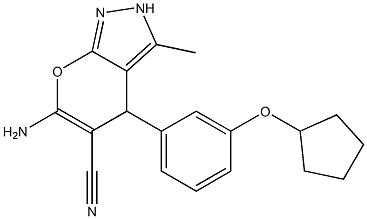 6-amino-4-[3-(cyclopentyloxy)phenyl]-3-methyl-2,4-dihydropyrano[2,3-c]pyrazole-5-carbonitrile 结构式