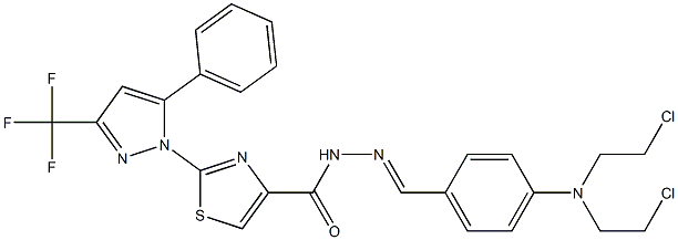 N'-{4-[bis(2-chloroethyl)amino]benzylidene}-2-[5-phenyl-3-(trifluoromethyl)-1H-pyrazol-1-yl]-1,3-thiazole-4-carbohydrazide 化学構造式