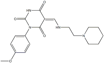 1-(4-methoxyphenyl)-5-({[2-(1-piperidinyl)ethyl]amino}methylene)-2,4,6(1H,3H,5H)-pyrimidinetrione 化学構造式