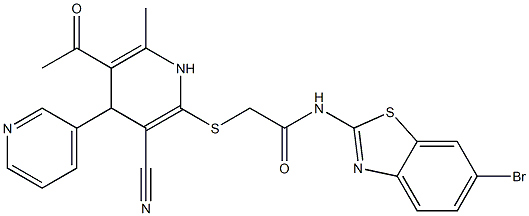 2-[(5-acetyl-3-cyano-6-methyl-1,4-dihydro-4,3'-bipyridin-2-yl)sulfanyl]-N-(6-bromo-1,3-benzothiazol-2-yl)acetamide,,结构式