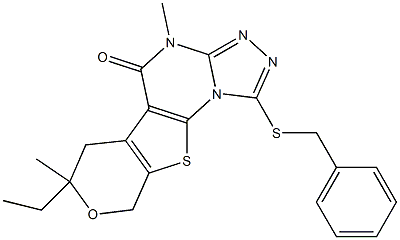 1-(benzylsulfanyl)-7-ethyl-4,7-dimethyl-6,9-dihydro-7H-pyrano[4',3':4,5]thieno[3,2-e][1,2,4]triazolo[4,3-a]pyrimidin-5(4H)-one,,结构式