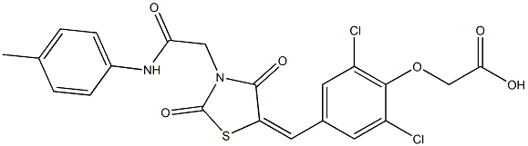 [2,6-dichloro-4-({2,4-dioxo-3-[2-oxo-2-(4-toluidino)ethyl]-1,3-thiazolidin-5-ylidene}methyl)phenoxy]acetic acid Structure