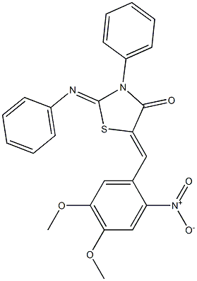 5-{2-nitro-4,5-dimethoxybenzylidene}-3-phenyl-2-(phenylimino)-1,3-thiazolidin-4-one Struktur