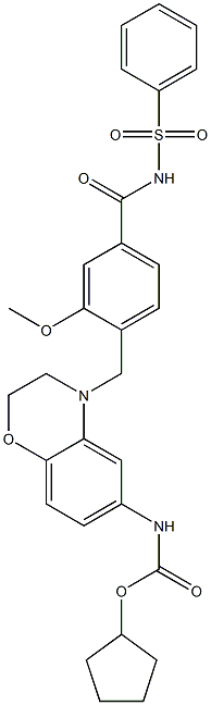 4-[6-(Cyclopentyloxycarbonylamino)-(2,3-dihydro-4H-1,4-benzoxazin)-4-ylmethyl]-3-methoxy-N-(phenylsulfonyl)benzamide,,结构式