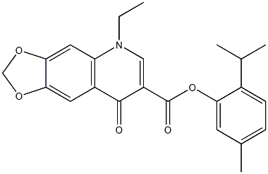 5-エチル-5,8-ジヒドロ-8-オキソ-1,3-ジオキソロ[4,5-g]キノリン-7-カルボン酸2-イソプロピル-5-メチルフェニル 化学構造式