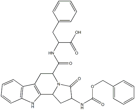 2-(benzyloxycarbonyl)amino-5-(1'-carboxy-2'-phenylethyl)carbamoyl-3-oxo-2,3,5,6,11,11b-hexahydro-1H-indolizino(8,7-b)indole Struktur
