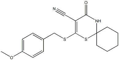 2-[(4-methoxybenzyl)thio]-4-oxo-1-thia-5-azaspiro[5.5]undec-2-ene-3-carbonitrile Struktur