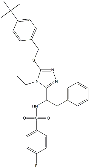 N-[1-(5-{[4-(tert-butyl)benzyl]sulfanyl}-4-ethyl-4H-1,2,4-triazol-3-yl)-2-phenylethyl]-4-fluorobenzenesulfonamide Struktur