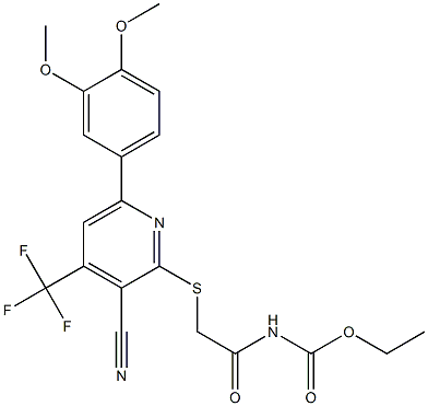 ethyl N-(2-{[3-cyano-6-(3,4-dimethoxyphenyl)-4-(trifluoromethyl)-2-pyridinyl]sulfanyl}acetyl)carbamate Struktur