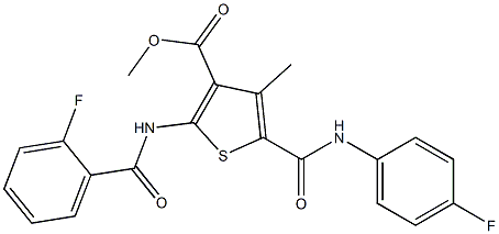 methyl 5-{[(4-fluorophenyl)amino]carbonyl}-2-{[(2-fluorophenyl)carbonyl]amino}-4-methylthiophene-3-carboxylate Struktur