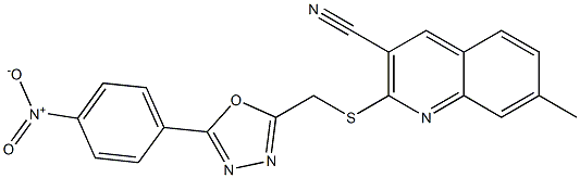 2-{[(5-{4-nitrophenyl}-1,3,4-oxadiazol-2-yl)methyl]sulfanyl}-7-methylquinoline-3-carbonitrile 化学構造式