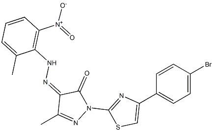 1-[4-(4-bromophenyl)-1,3-thiazol-2-yl]-3-methyl-1H-pyrazole-4,5-dione 4-[N-(2-methyl-6-nitrophenyl)hydrazone],,结构式