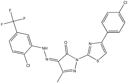 1-[4-(4-chlorophenyl)-1,3-thiazol-2-yl]-3-methyl-1H-pyrazole-4,5-dione 4-{N-[2-chloro-5-(trifluoromethyl)phenyl]hydrazone} Struktur