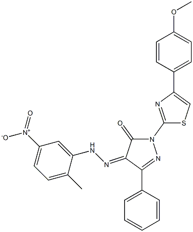 1-[4-(4-methoxyphenyl)-1,3-thiazol-2-yl]-3-phenyl-1H-pyrazole-4,5-dione 4-[N-(2-methyl-5-nitrophenyl)hydrazone] Structure