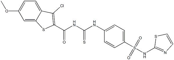 4-[({[(3-chloro-6-methoxy-1-benzothiophen-2-yl)carbonyl]amino}carbothioyl)amino]-N-(1,3-thiazol-2-yl)benzenesulfonamide 结构式