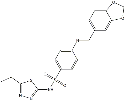 4-{[(E)-1,3-benzodioxol-5-ylmethylidene]amino}-N-(5-ethyl-1,3,4-thiadiazol-2-yl)benzenesulfonamide 化学構造式