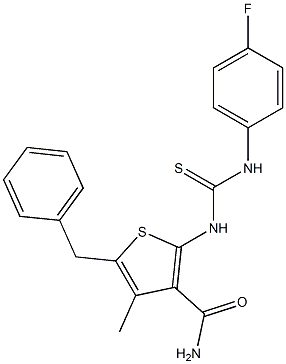 5-benzyl-2-{[(4-fluoroanilino)carbothioyl]amino}-4-methyl-3-thiophenecarboxamide Struktur