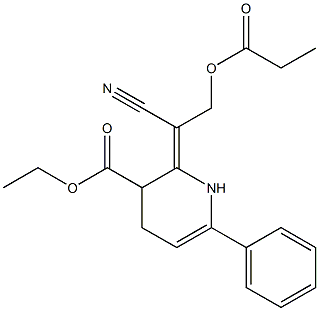 プロピオン酸2-[[5-エトキシカルボニル-1,4,5,6-テトラヒドロ-2-フェニルピリジン]-6-イリデン]-2-シアノエチル 化学構造式