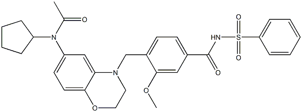 4-[6-(Cyclopentylacetylamino)-(2,3-dihydro-4H-1,4-benzoxazin)-4-ylmethyl]-3-methoxy-N-(phenylsulfonyl)benzamide Struktur