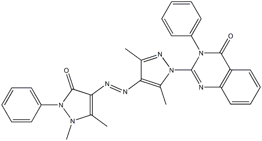 3-(Phenyl)-2-[3,5-dimethyl-4-[[(1,5-dimethyl-2,3-dihydro-2-phenyl-3-oxo-1H-pyrazol)-4-yl]azo]-1H-pyrazol-1-yl]quinazolin-4(3H)-one Struktur