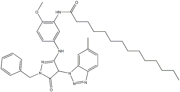 1-ベンジル-3-[4-メトキシ-5-(テトラデカノイルアミノ)アニリノ]-4-(6-メチル-1H-ベンゾトリアゾール-1-イル)-5(4H)-ピラゾロン 化学構造式