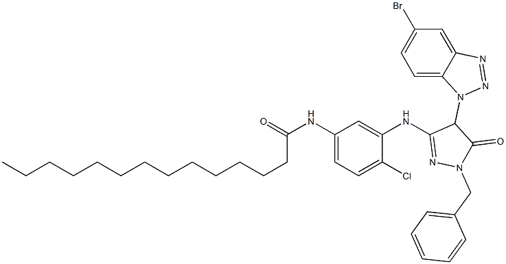 1-ベンジル-4-(5-ブロモ-1H-ベンゾトリアゾール-1-イル)-3-[2-クロロ-5-(テトラデカノイルアミノ)アニリノ]-5(4H)-ピラゾロン 化学構造式