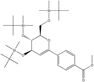 (4R,5R,6R)-5,6-ジヒドロ-2-(4-メトキシカルボニルフェニル)-4,5-ビス(tert-ブチルジメチルシリルオキシ)-6-(tert-ブチルジメチルシリルオキシメチル)-4H-ピラン 化学構造式