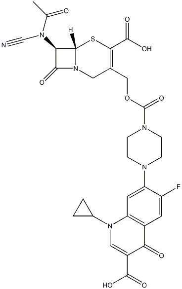 (7R)-7-[Cyanoacetylamino]-3-[[4-[(1-cyclopropyl-6-fluoro-3-carboxy-1,4-dihydro-4-oxoquinolin)-7-yl]-1-piperazinylcarbonyloxy]methyl]cepham-3-ene-4-carboxylic acid 结构式